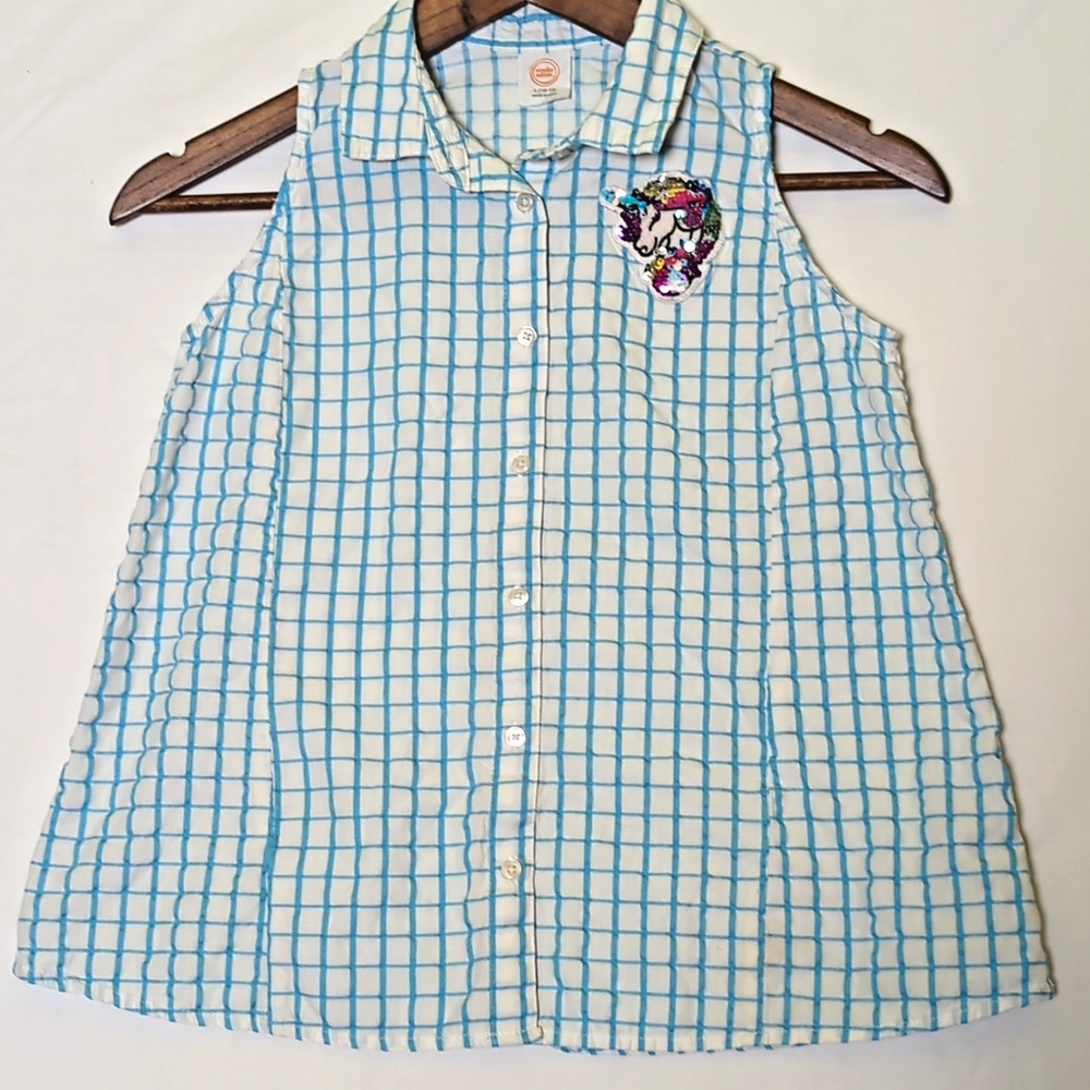 Wonder Nation Girls Sleeveless Button Shirt - Sequin Unicorn - L 10-12